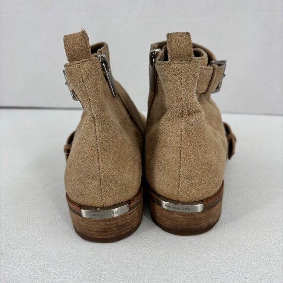 Michael Kors Suede Ankle Boots Size 6.5 Tan Leather Side Zip Block Heel Bootie - Picture 7 of 12